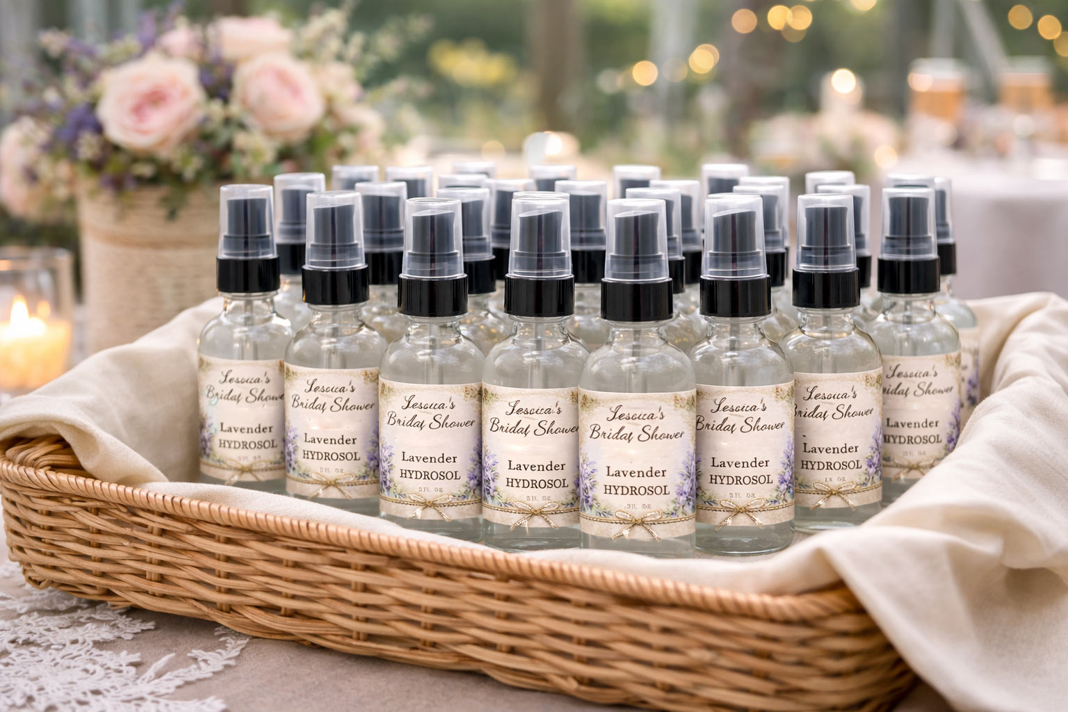 Set of small bottles with labels on a woven tray, with a blurred background of flowers and lights.