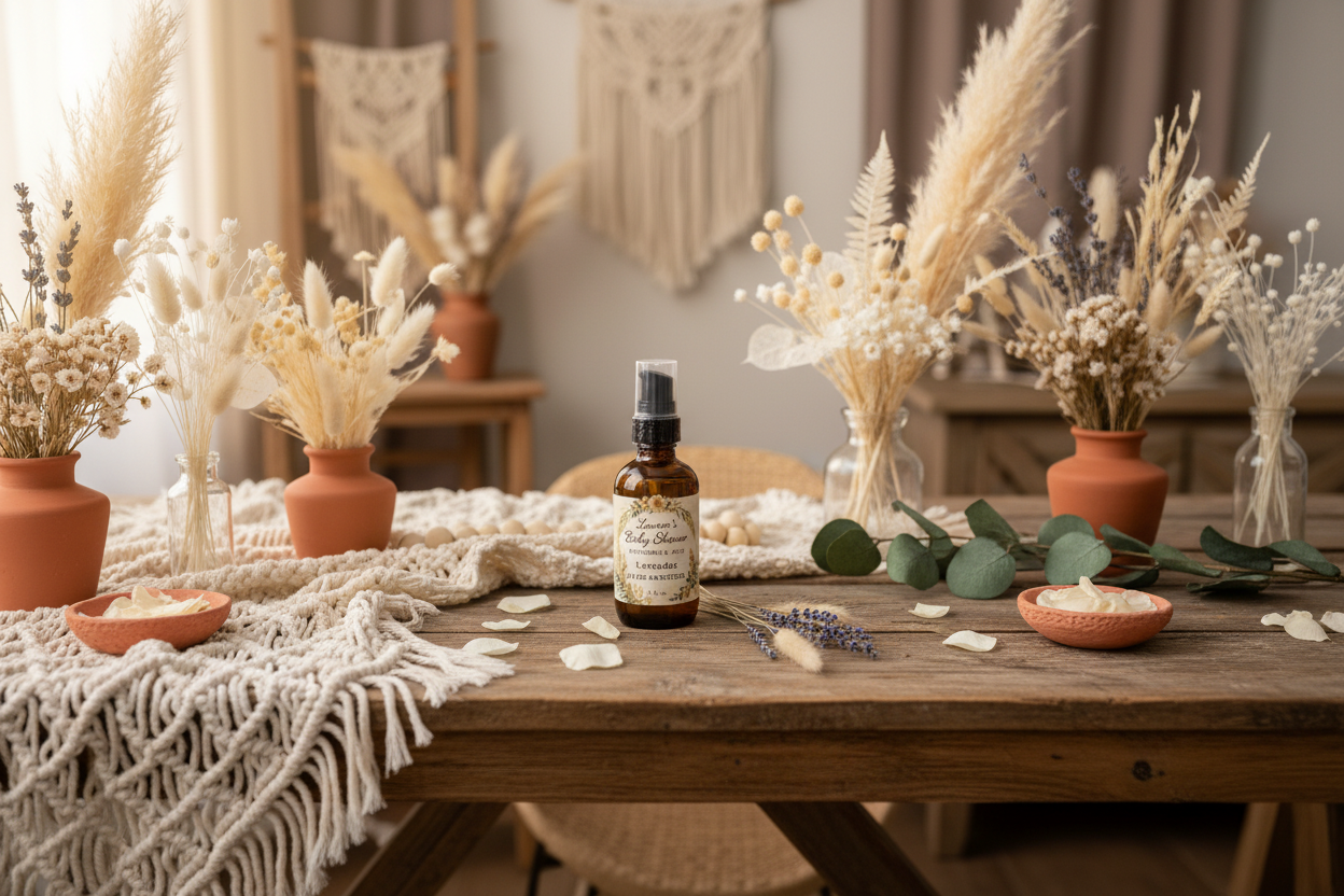 Table setting with dried plants, a bottle of essential oil, and decorative items in a warm-toned room.