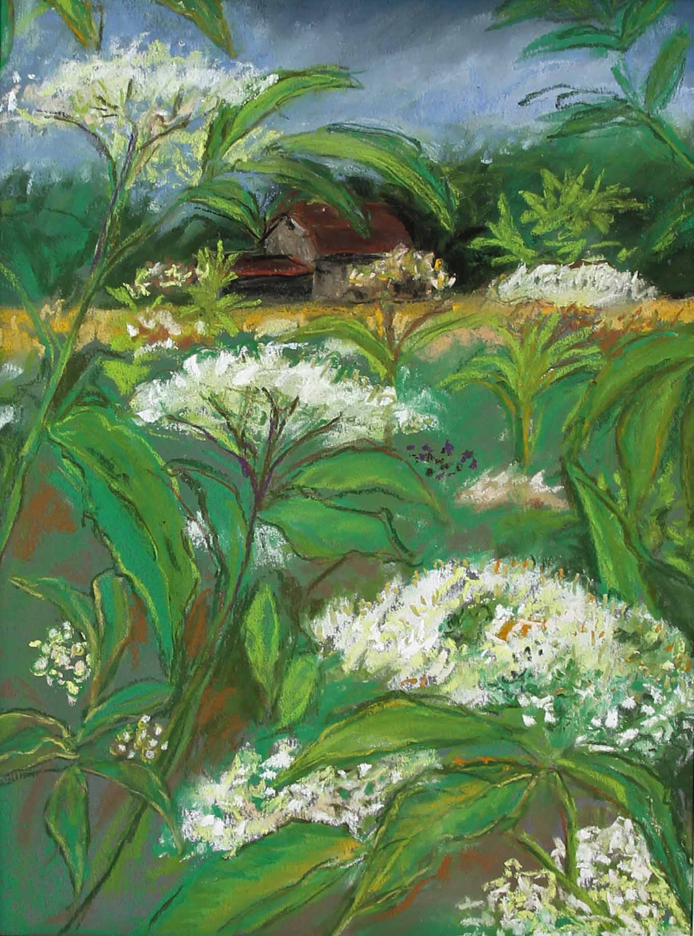 Artistic depiction of a rural landscape with greenery and a house in the background