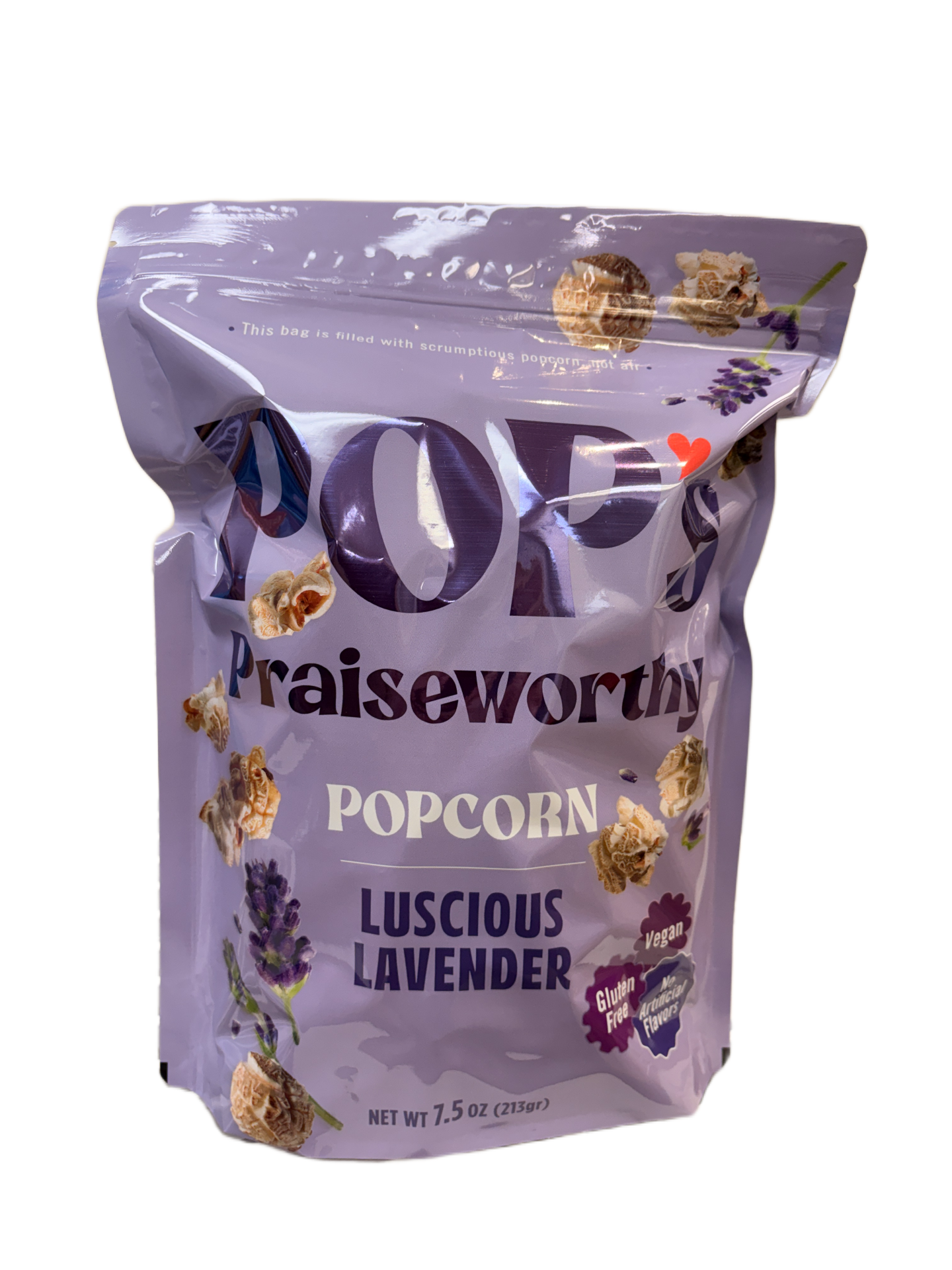Pouch of lavender popcorn with visible branding on a white background