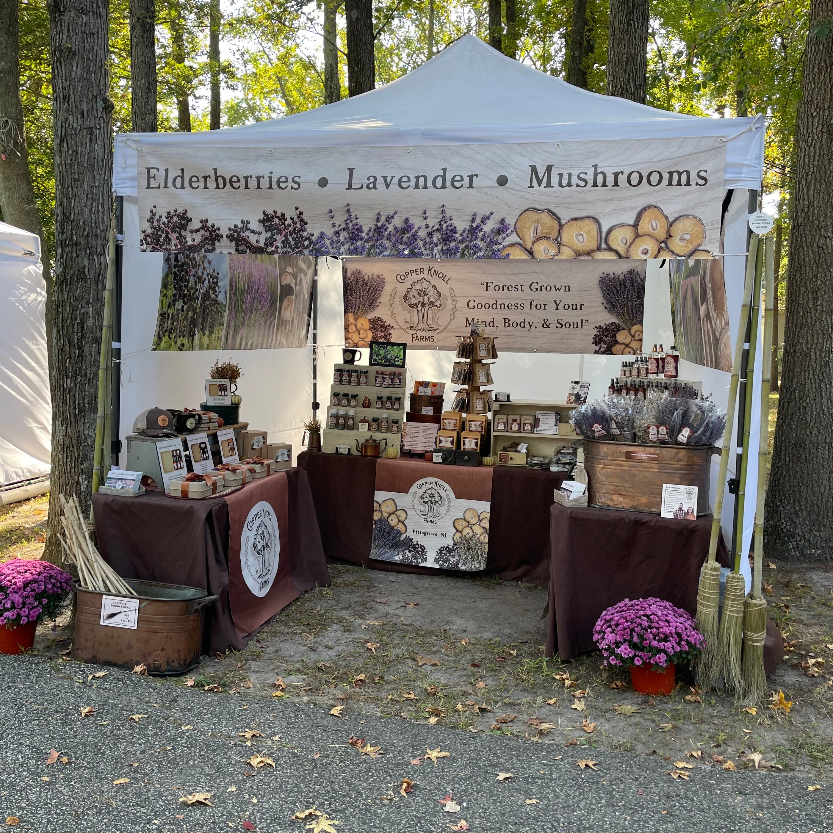 Outdoor market stall with products and branding for elderberries, lavender, and mushrooms.