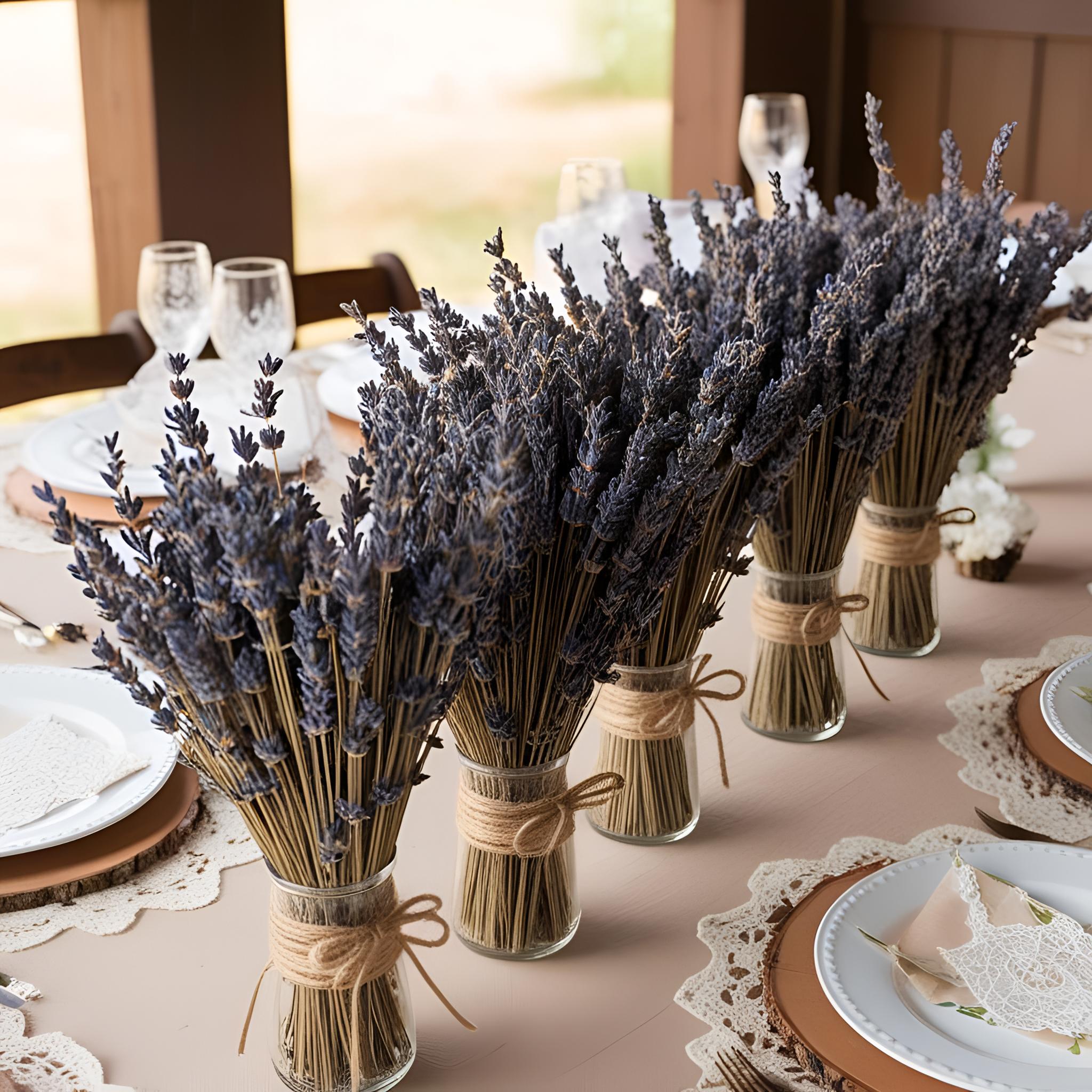Bouquets of lavender in glass vases on a table setting with plates and cutlery.