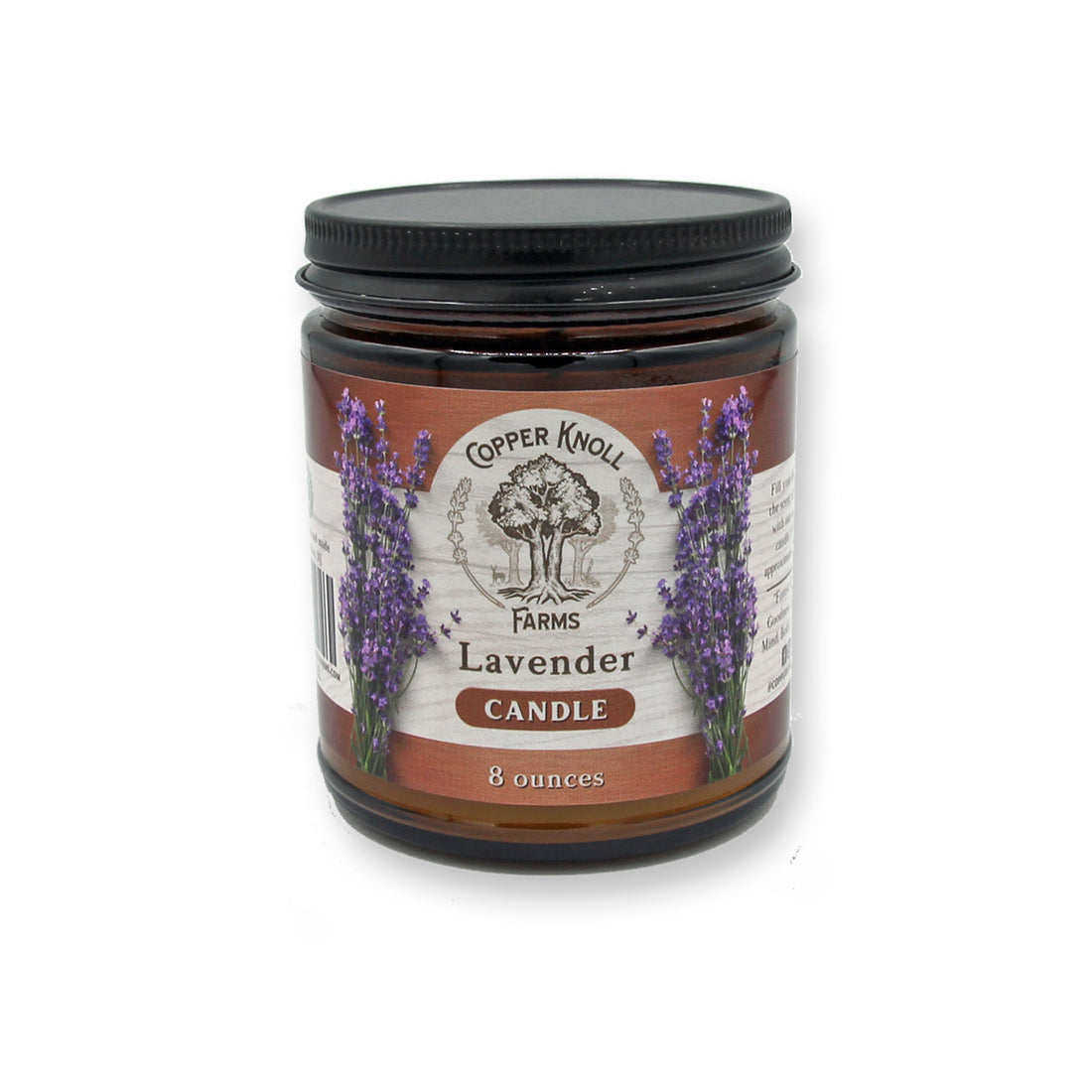 Lavender essential oil and soy blend candle in amber jar with metal lid by Copper Knoll Farms. Scented exclusively with our aromatic Lavandin essential oil that is harvested and distilled on our southern New Jersey farm.