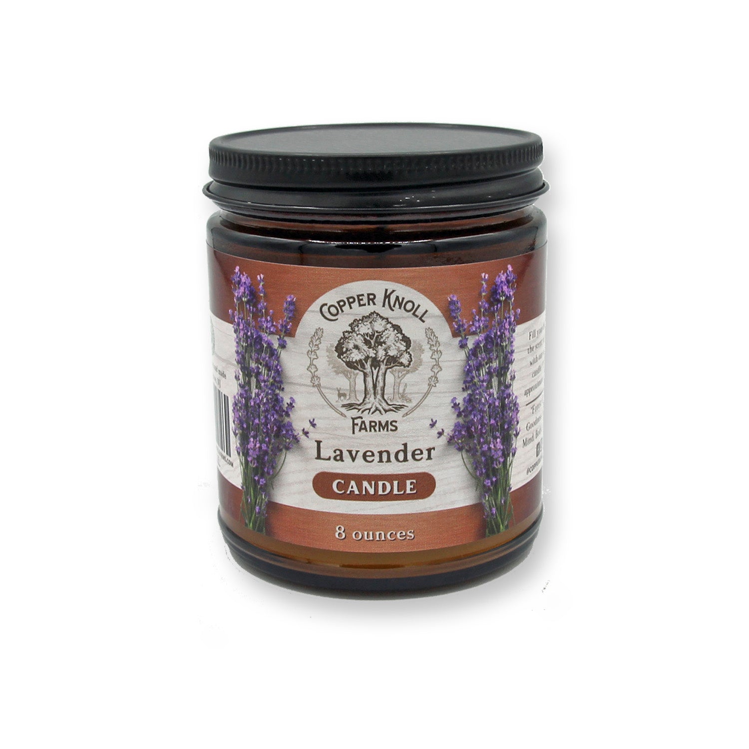 Lavender essential oil and soy blend candle in amber jar with metal lid by Copper Knoll Farms. Scented exclusively with our aromatic Lavandin essential oil that is harvested and distilled on our southern New Jersey farm.