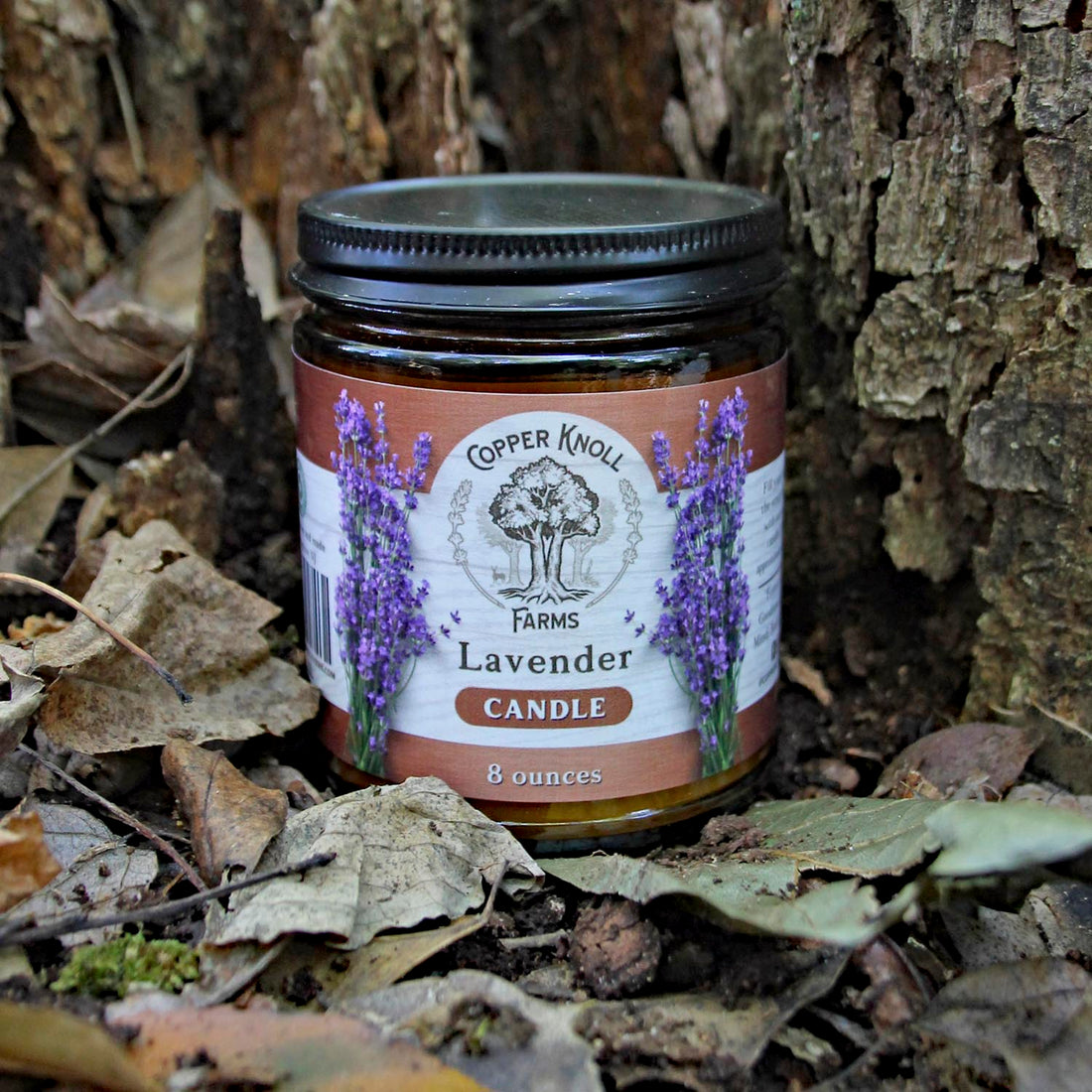 Lavender essential oil and soy blend candle in amber jar with metal lid by Copper Knoll Farms. Scented exclusively with our aromatic Lavandin essential oil that is harvested and distilled on our southern New Jersey farm.