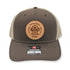 Copper Knoll Farms leather patch Richardson 112 mesh-backed trucker hat in two tone: brown and tan.