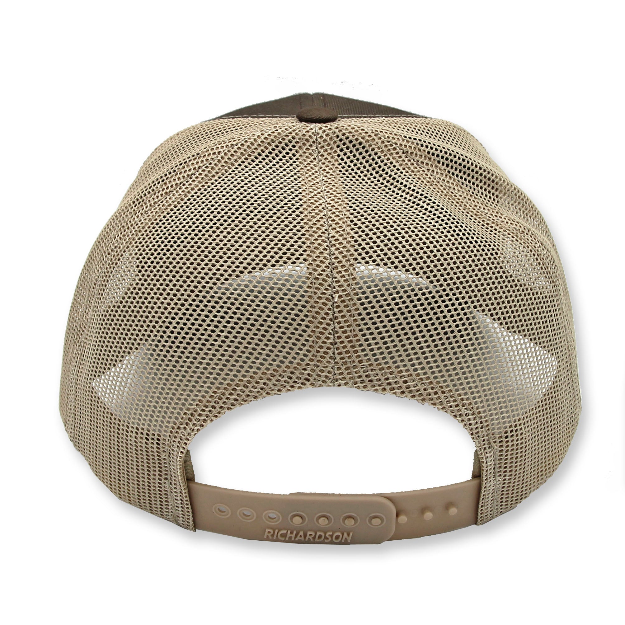 Copper Knoll Farms leather patch Richardson 112 mesh-backed trucker hat in two tone: brown and tan.