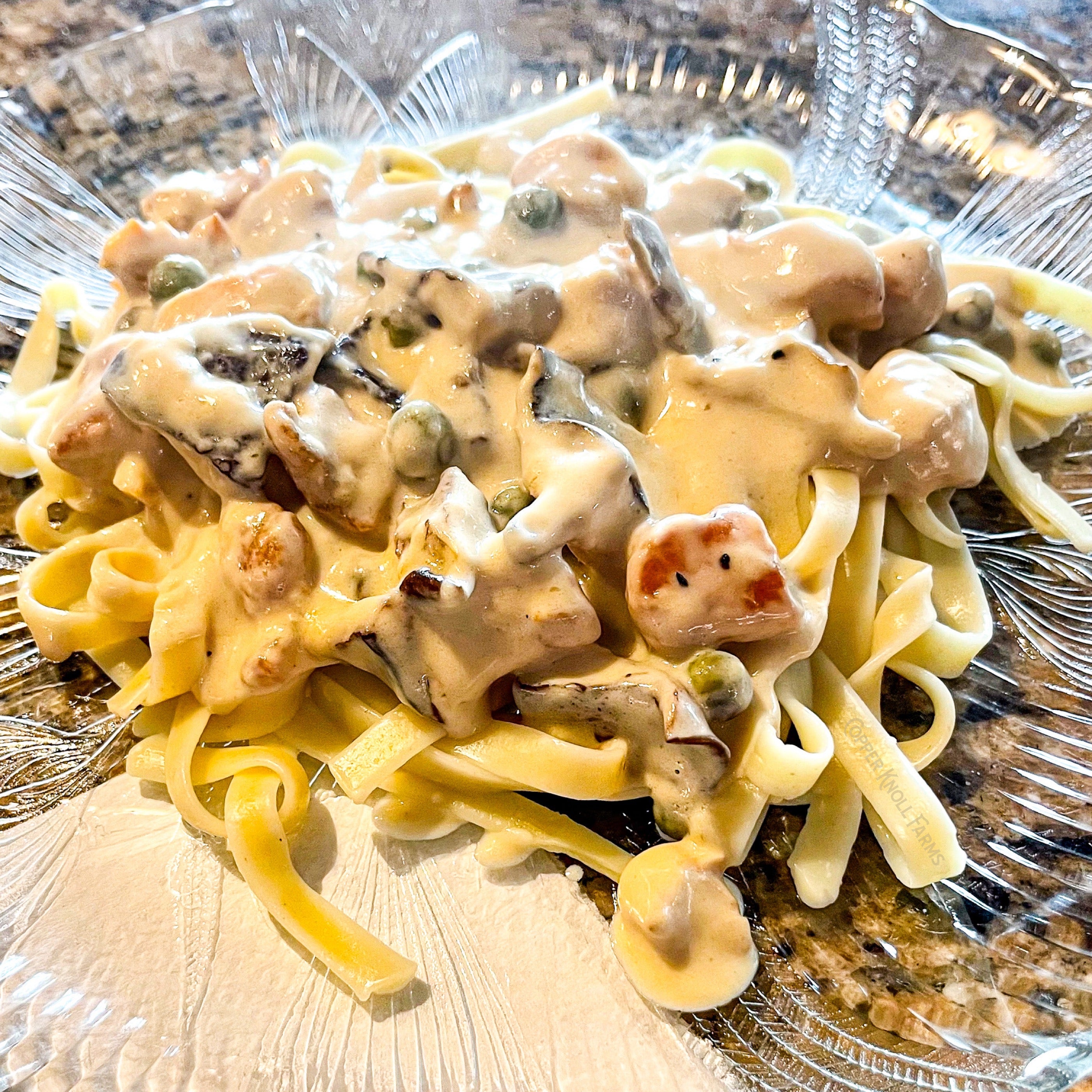 Chicken Alfredo with Sautéed Log Grown Shiitake Mushrooms and Peas