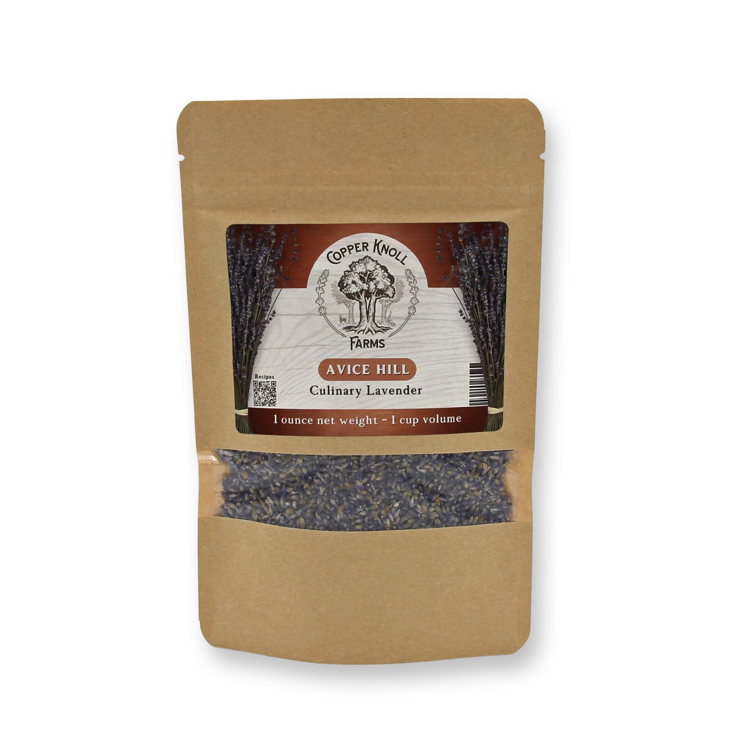 Kraft paper packaging of Copper Knoll Farms Culinary Lavender on a white background