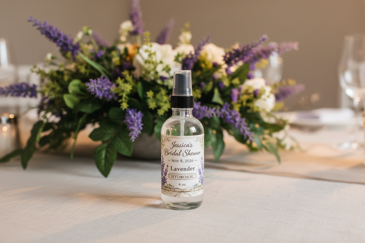 Bottle of lavender essential oil spray on a table with a floral arrangement in the background
