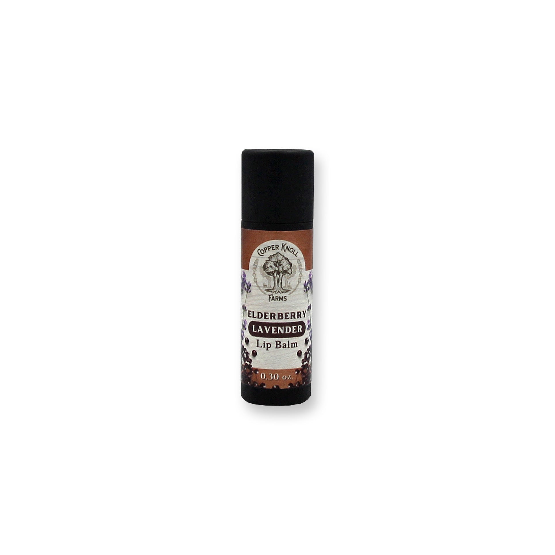 Elderberry Lavender Lip balm with a label on a white background