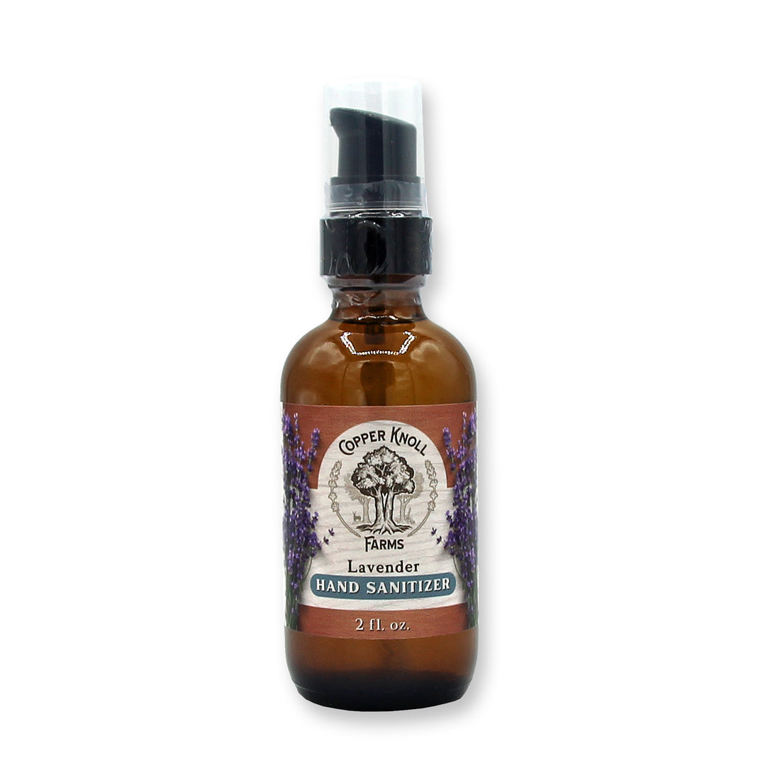 Brown bottle of Copper Knoll Farms Lavender Hand Sanitizer on a white background