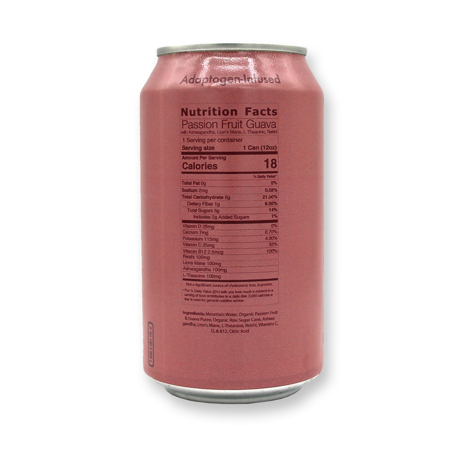 Pink can with nutrition facts label on a white background
