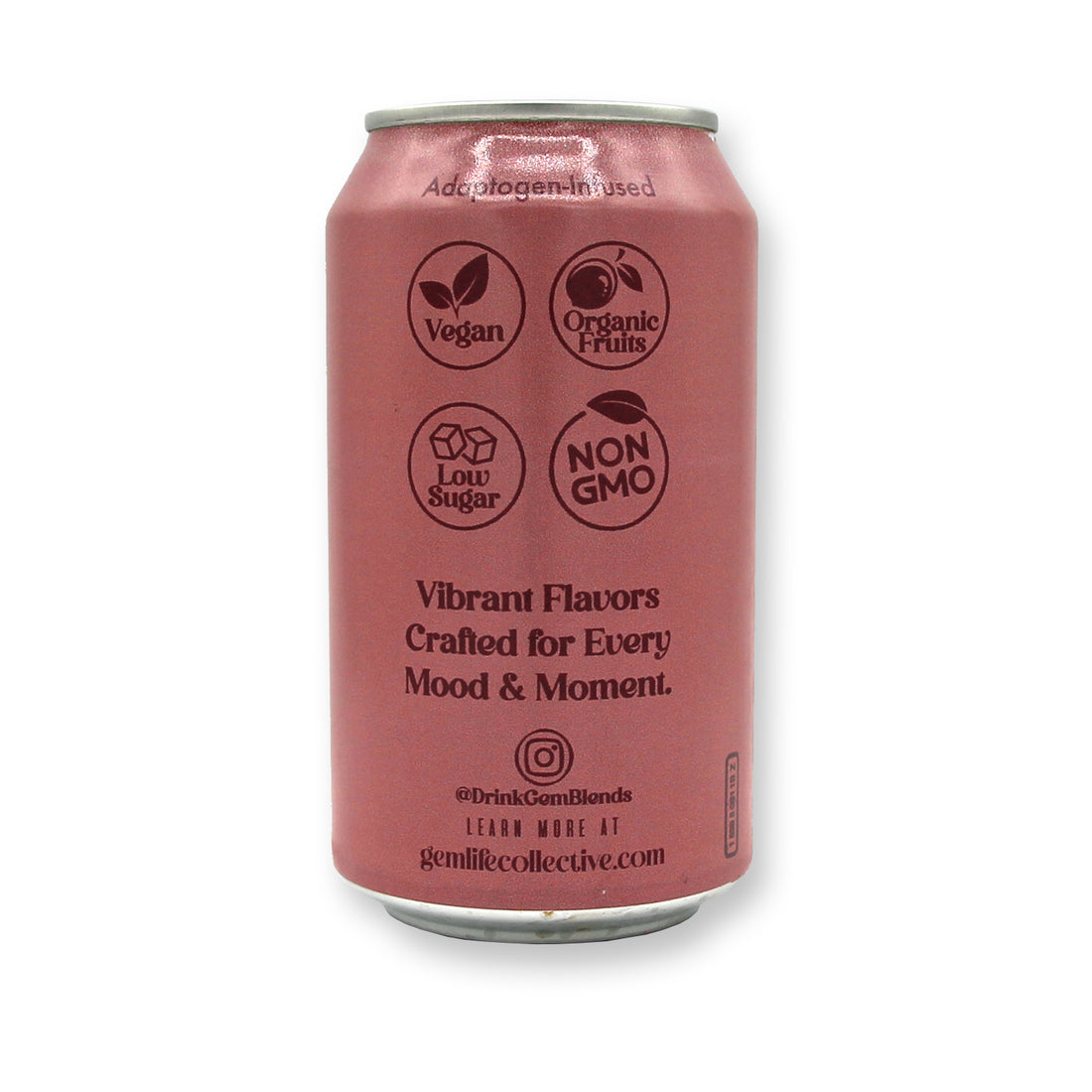 Pink can with black text and icons on a white background