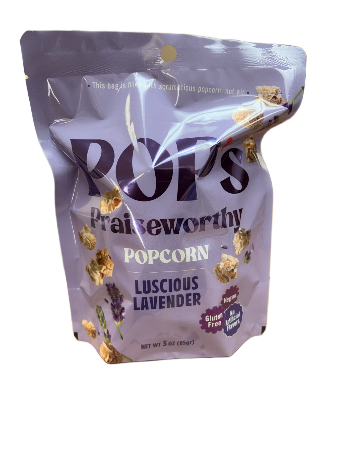 Pouch of lavender-flavored popcorn with visible branding on a white background