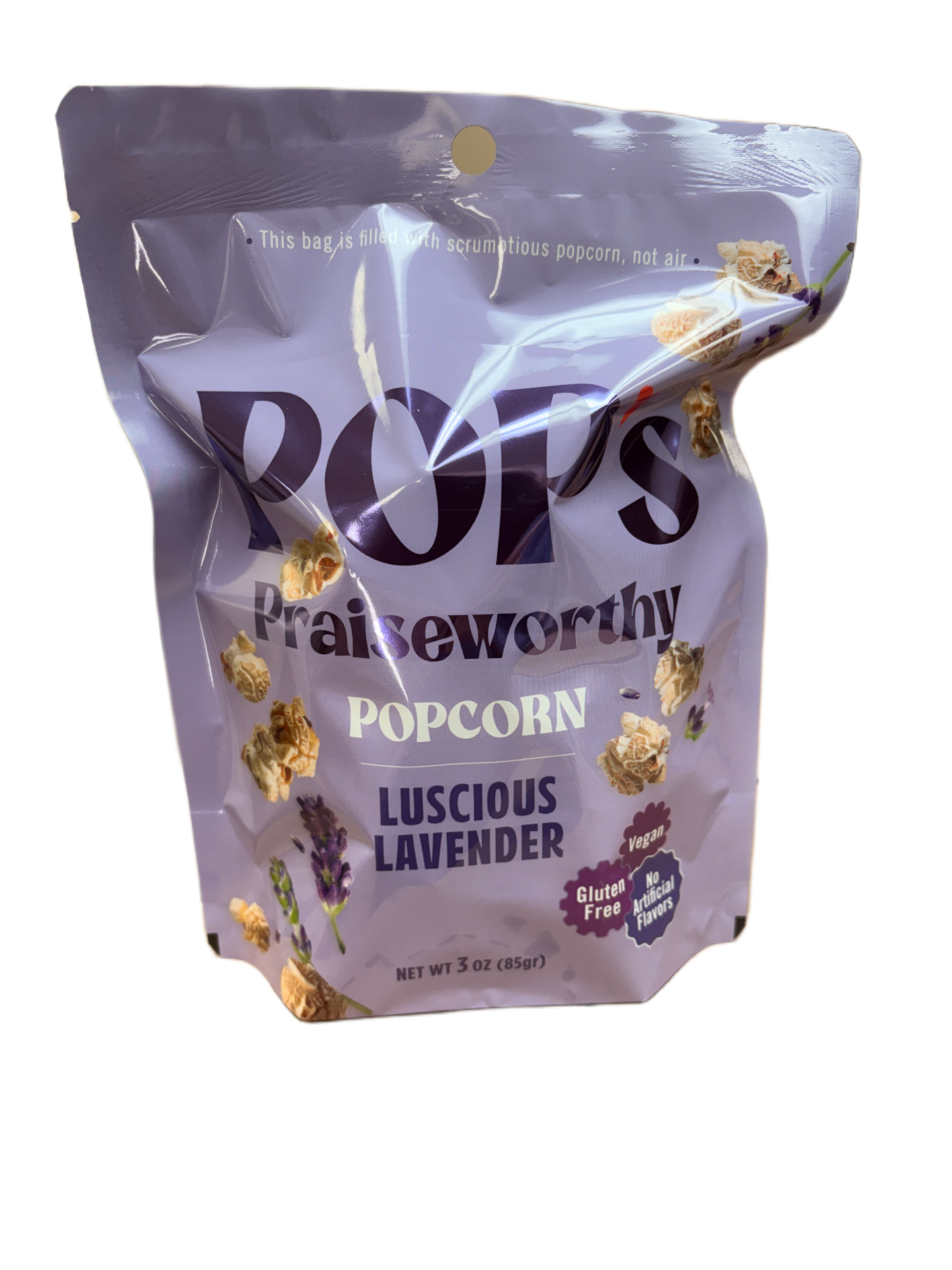 Pouch of lavender-flavored popcorn with visible branding on a white background