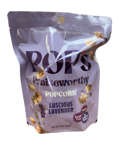 Pouch of lavender-flavored popcorn with visible branding on a white background