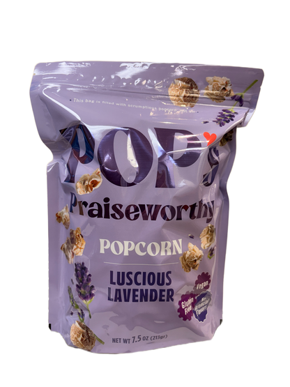 Pouch of lavender popcorn with visible branding on a white background