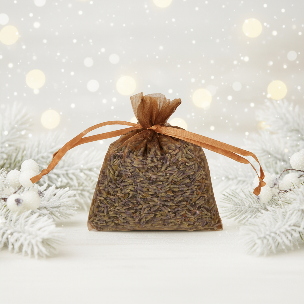 A copper organza bag filled with dried lavender buds, tied with a brown ribbon.