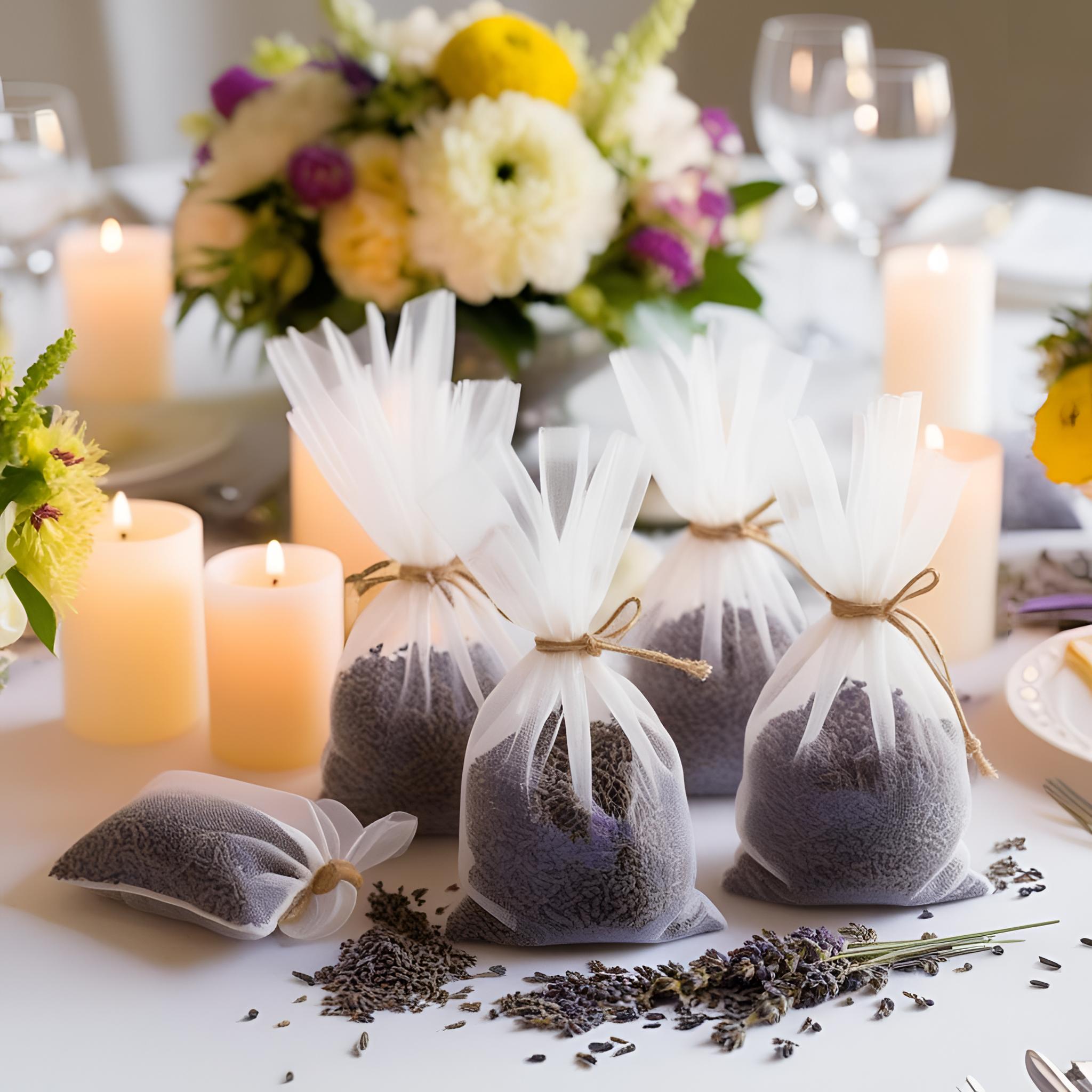 Lavender bags on a table with candles and flowers
