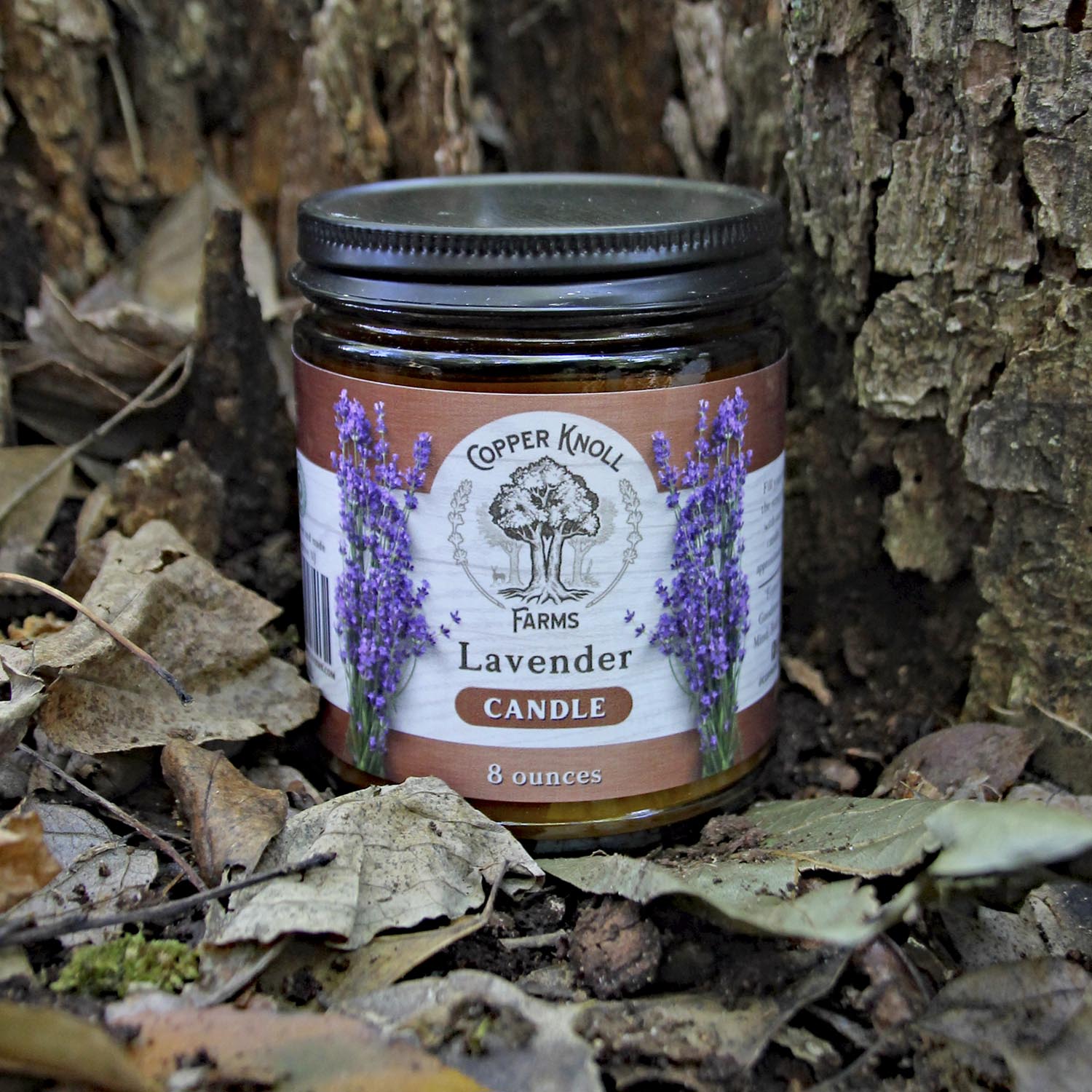 Lavender essential oil and soy blend candle in amber jar with metal lid by Copper Knoll Farms. Scented exclusively with our aromatic Lavandin essential oil that is harvested and distilled on our southern New Jersey farm. 