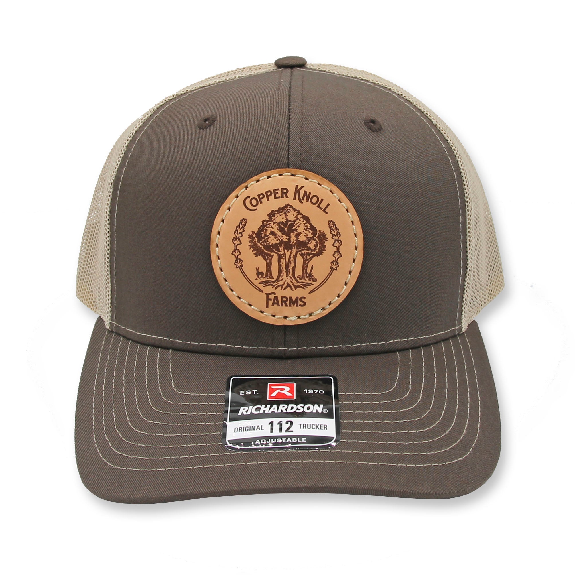 Copper Knoll Farms leather patch Richardson 112 mesh-backed trucker hat in two tone: brown and tan.