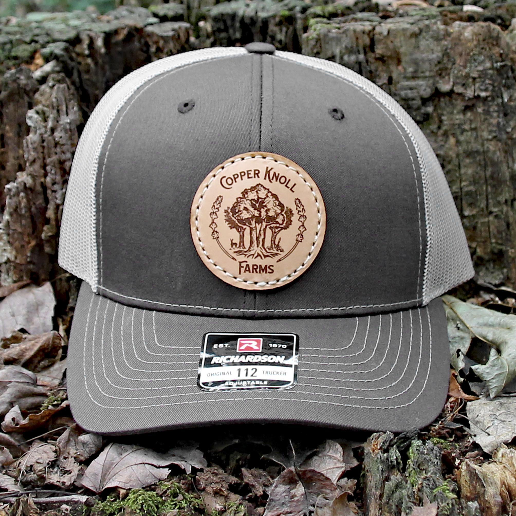 Copper Knoll Farms leather patch Richardson 112 mesh-backed trucker hat in two tone: brown and tan.