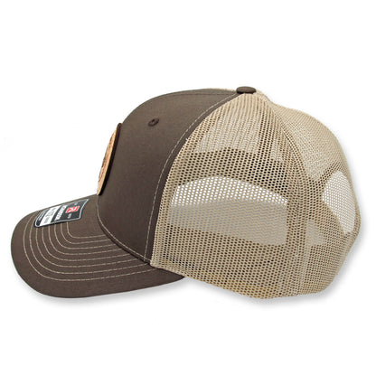 Copper Knoll Farms leather patch Richardson 112 mesh-backed trucker hat in two tone: brown and tan.